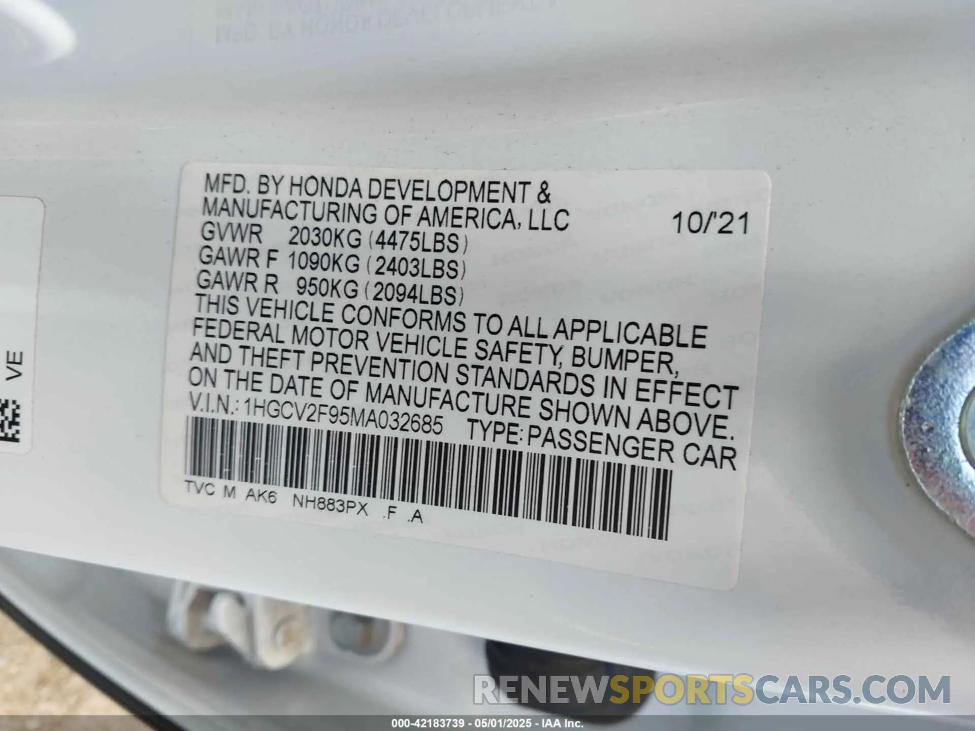 9 fotografías del automóvil dañado 1HGCV2F95MA032685 HONDA ACCORD 2021