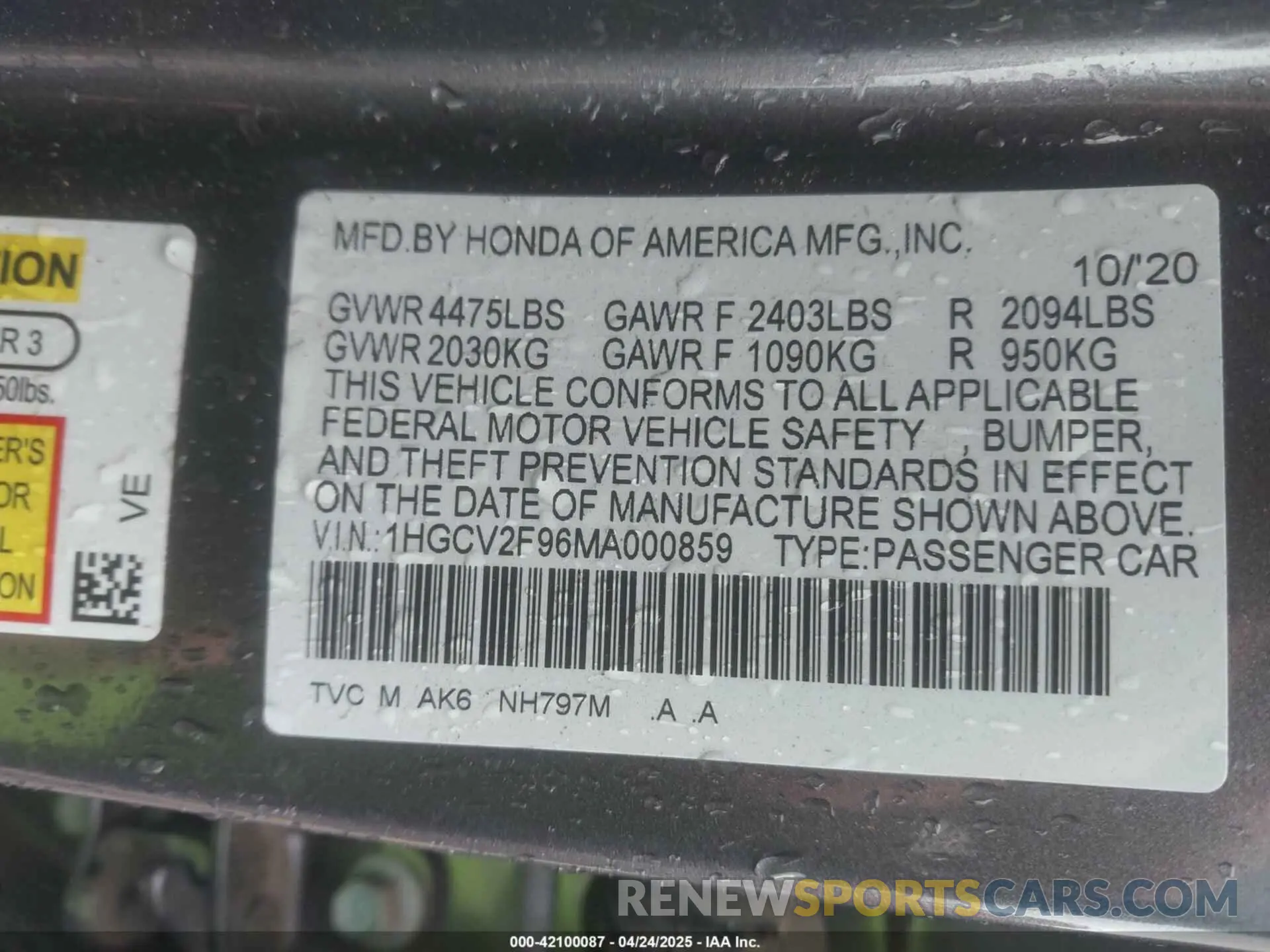 9 fotografías del automóvil dañado 1HGCV2F96MA000859 HONDA ACCORD 2021