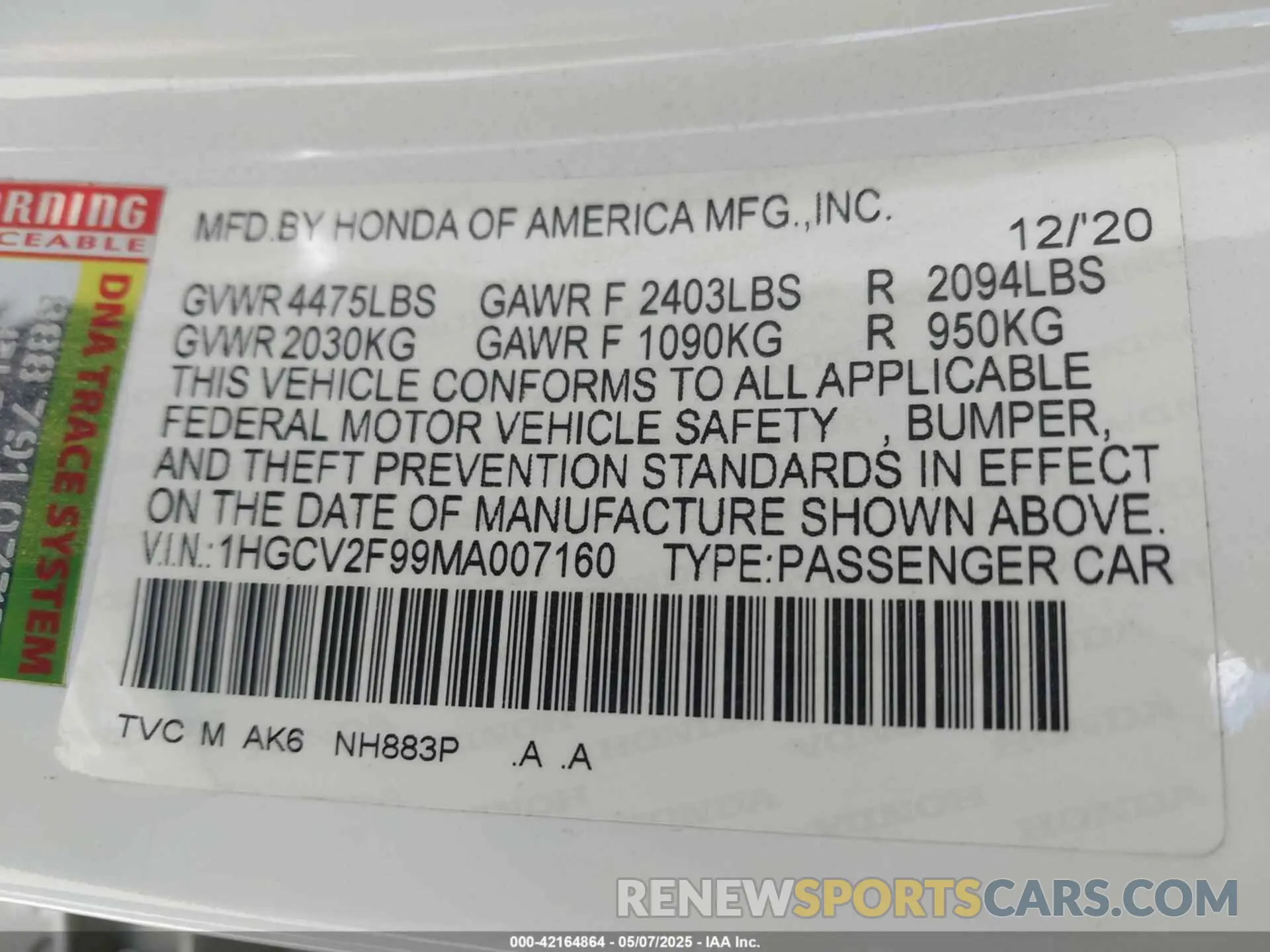 9 fotografías del automóvil dañado 1HGCV2F99MA007160 HONDA ACCORD 2021