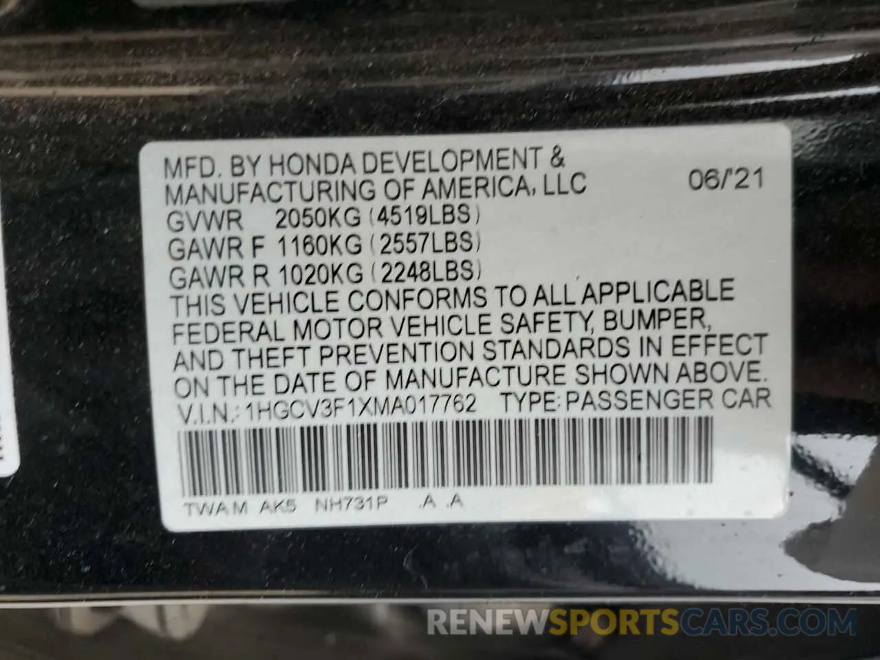 13 fotografías del automóvil dañado 1HGCV3F1XMA017762 HONDA ACCORD 2021