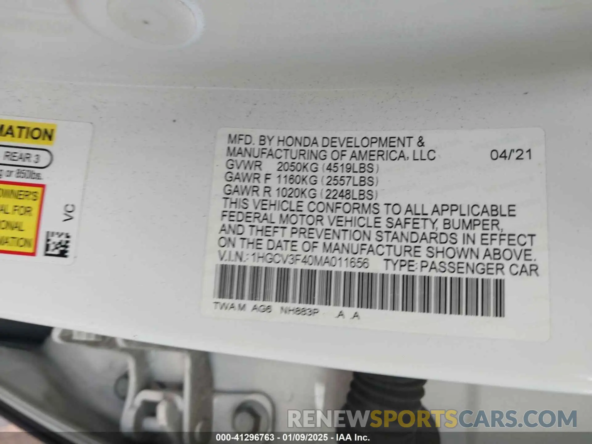 9 fotografías del automóvil dañado 1HGCV3F40MA011656 HONDA ACCORD 2021