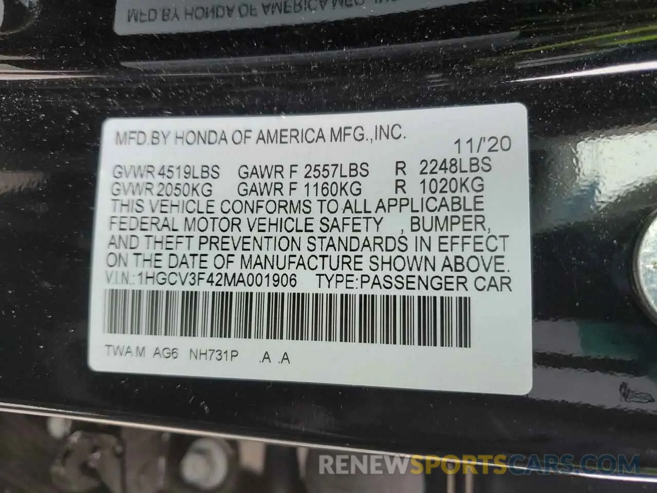 13 fotografías del automóvil dañado 1HGCV3F42MA001906 HONDA ACCORD 2021