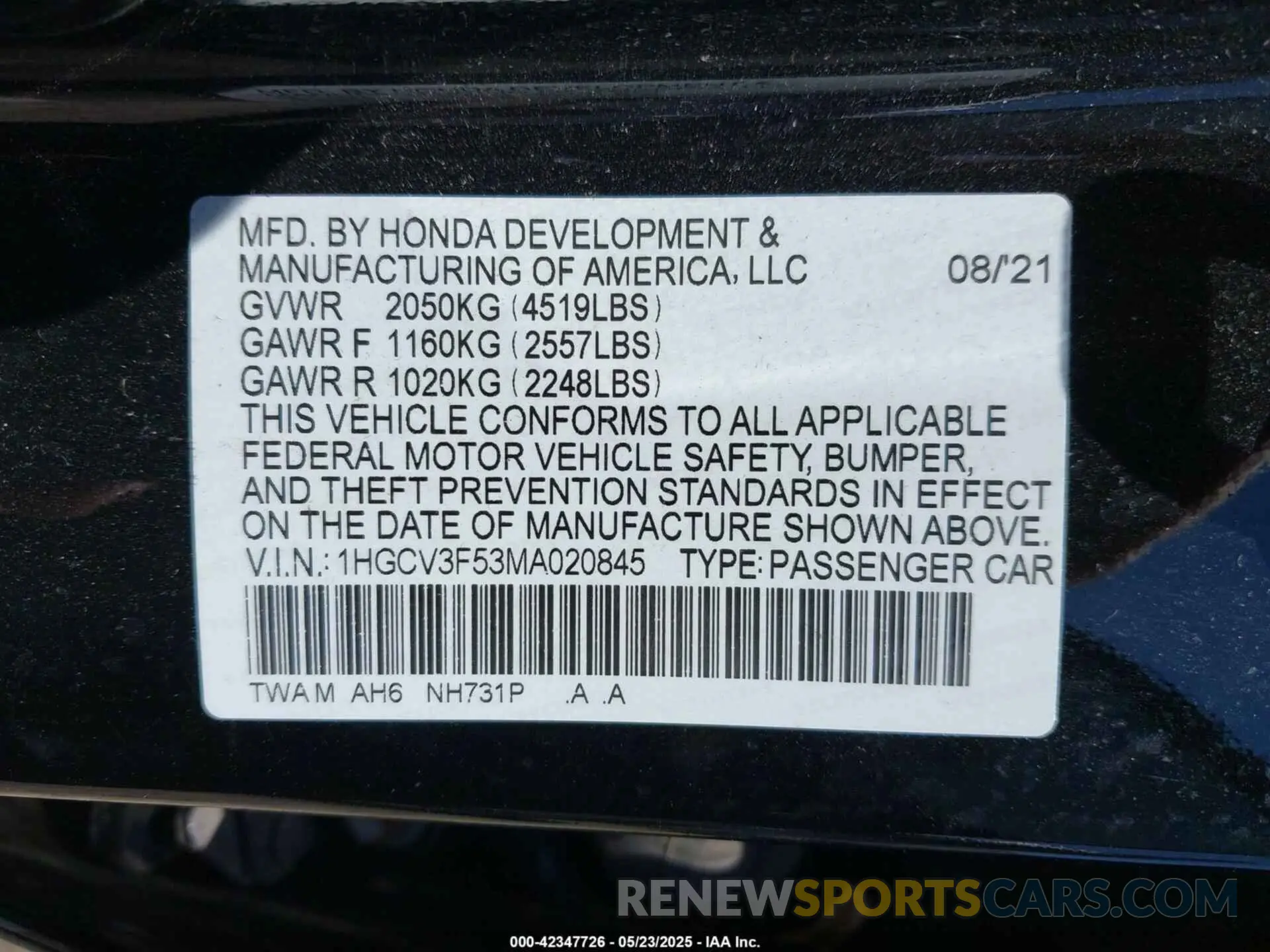 9 fotografías del automóvil dañado 1HGCV3F53MA020845 HONDA ACCORD 2021