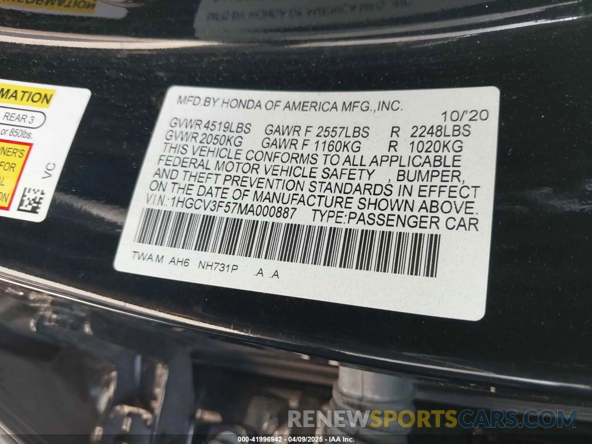 9 fotografías del automóvil dañado 1HGCV3F57MA000887 HONDA ACCORD 2021