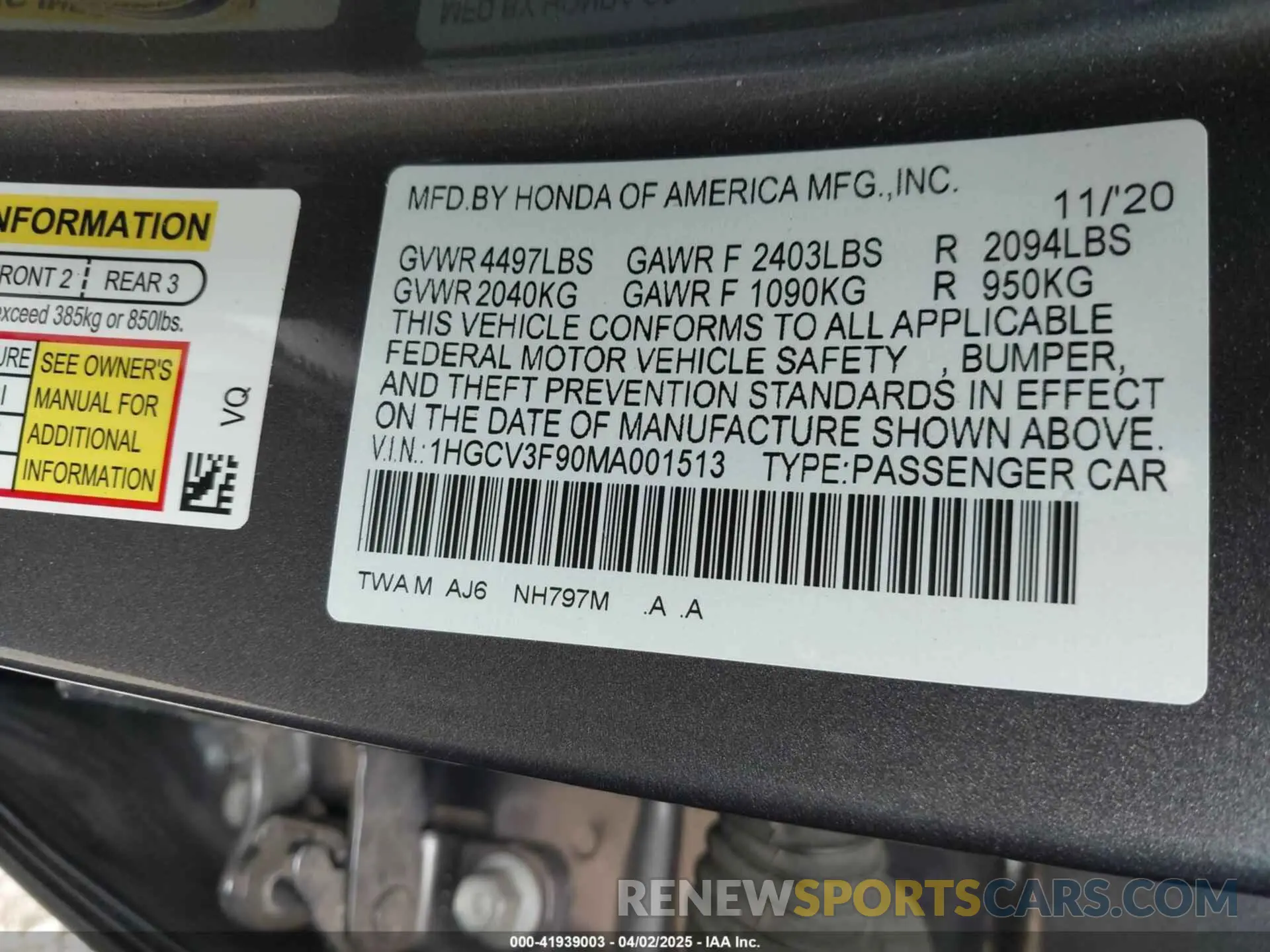 9 fotografías del automóvil dañado 1HGCV3F90MA001513 HONDA ACCORD 2021