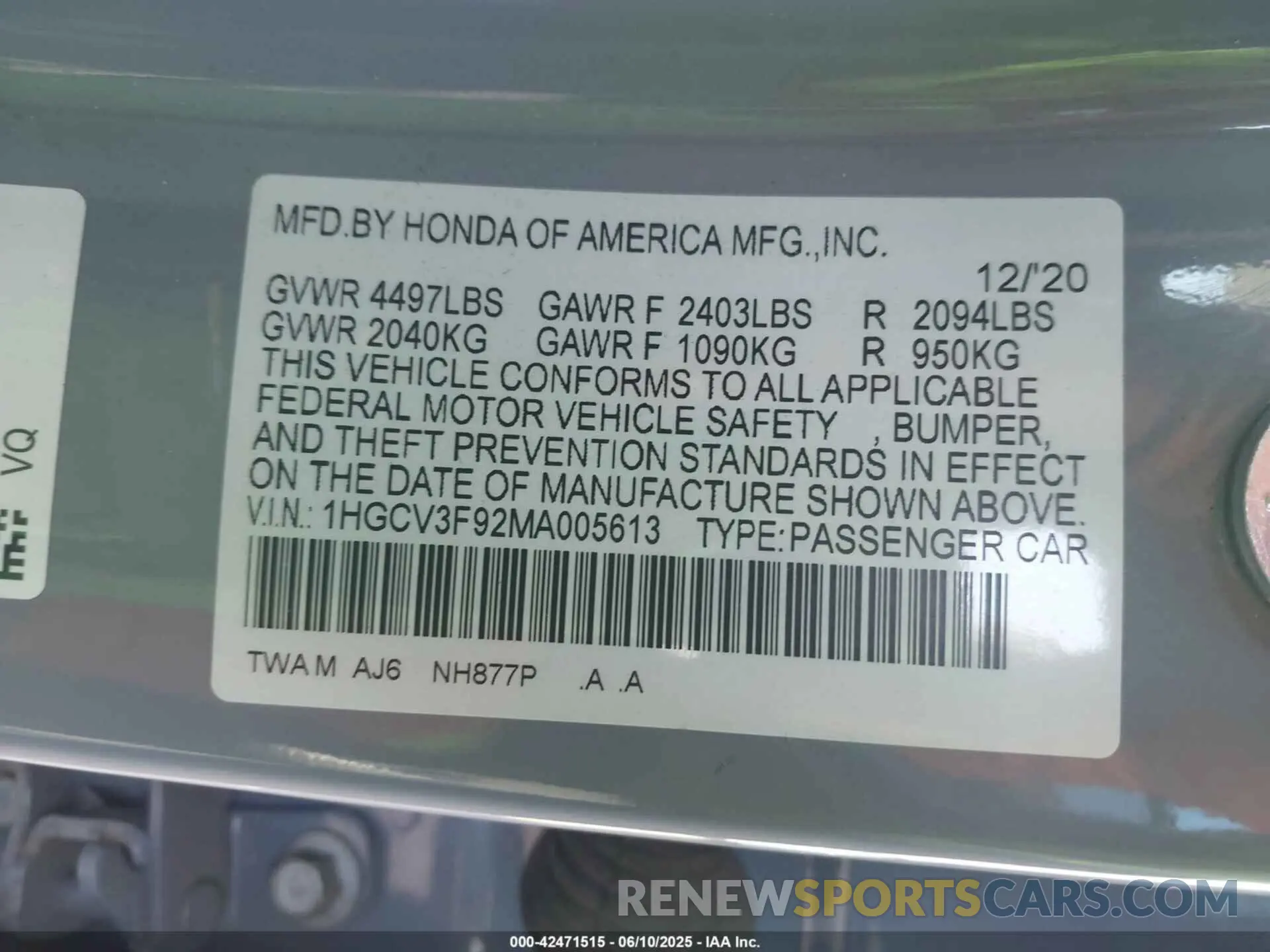 9 fotografías del automóvil dañado 1HGCV3F92MA005613 HONDA ACCORD 2021