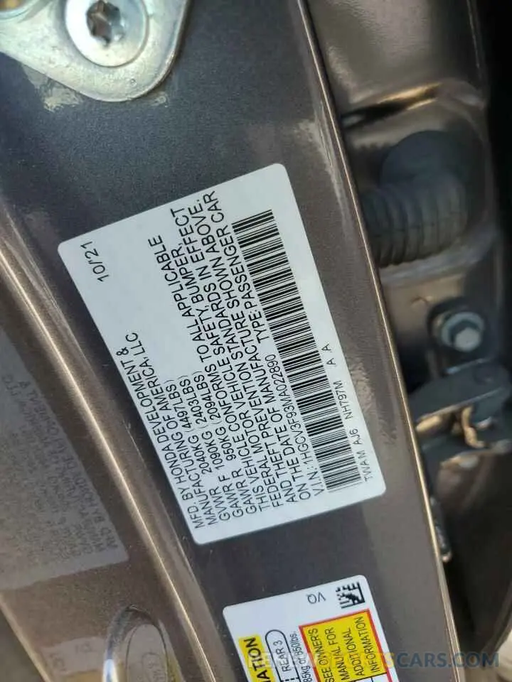 12 fotografías del automóvil dañado 1HGCV3F93MA022890 HONDA ACCORD 2021
