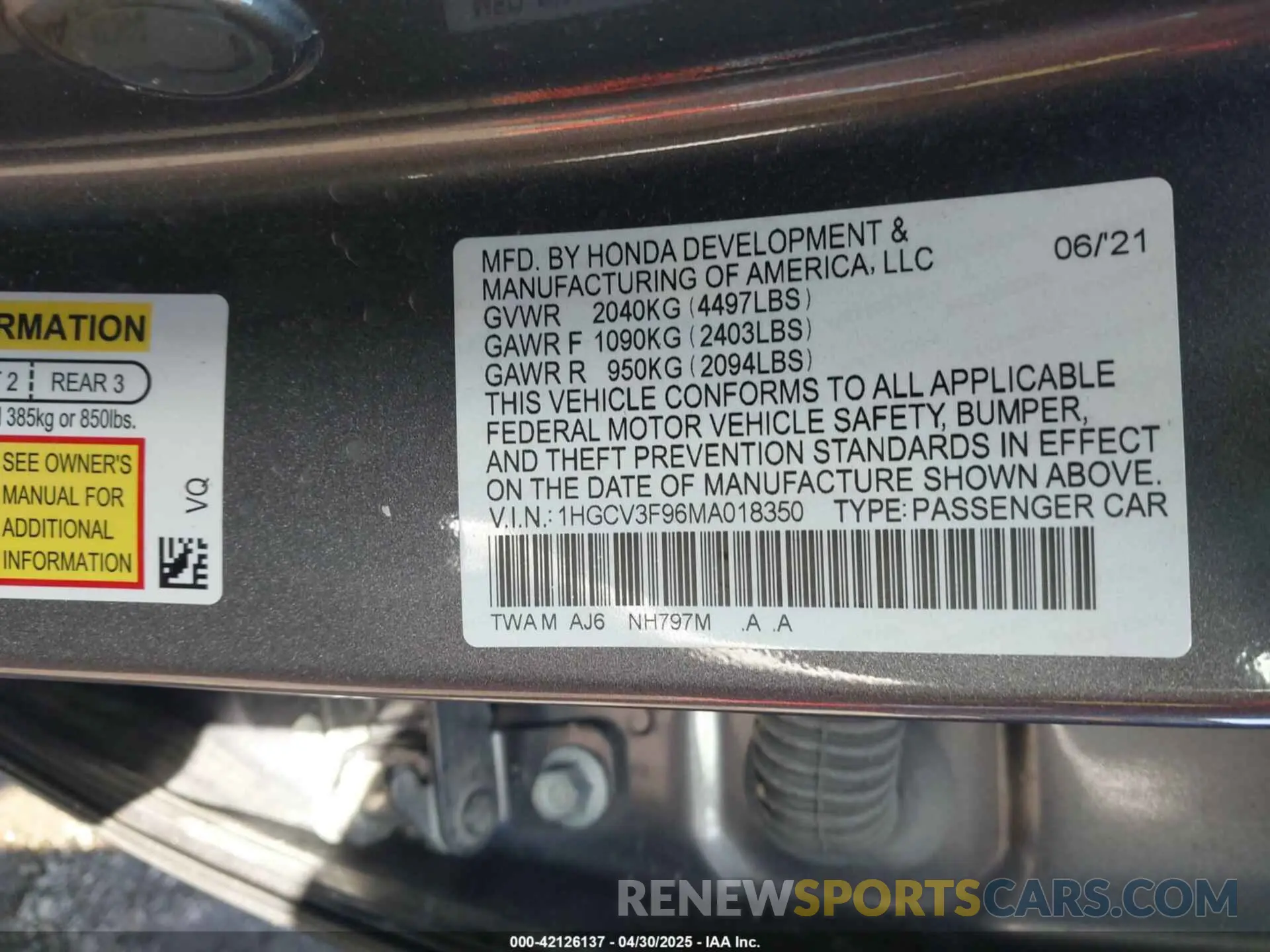 9 fotografías del automóvil dañado 1HGCV3F96MA018350 HONDA ACCORD 2021