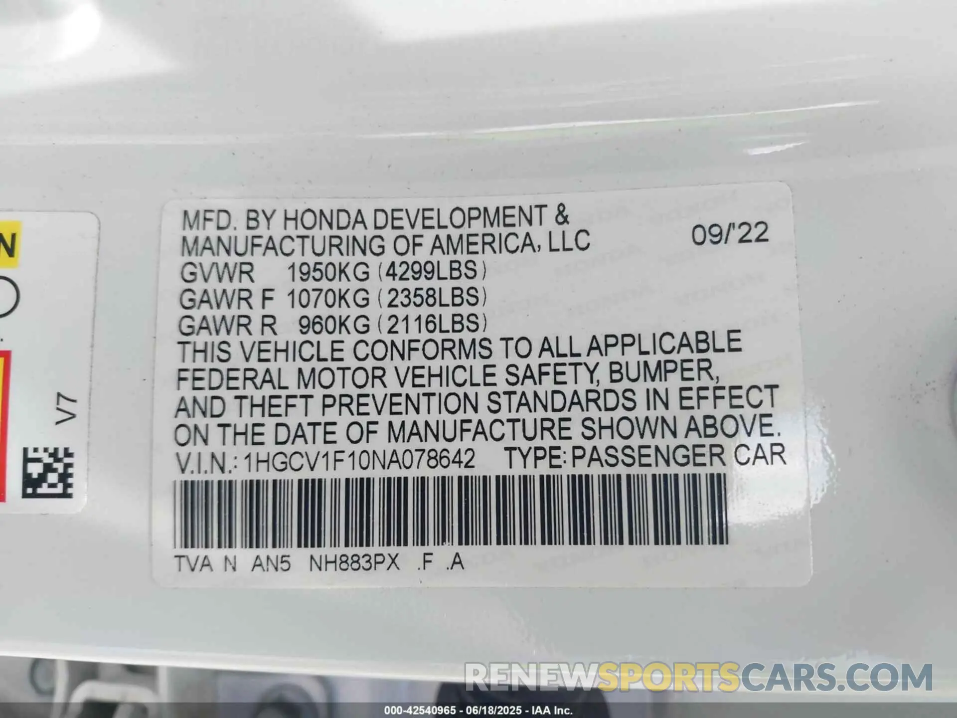 9 fotografías del automóvil dañado 1HGCV1F10NA078642 HONDA ACCORD 2022