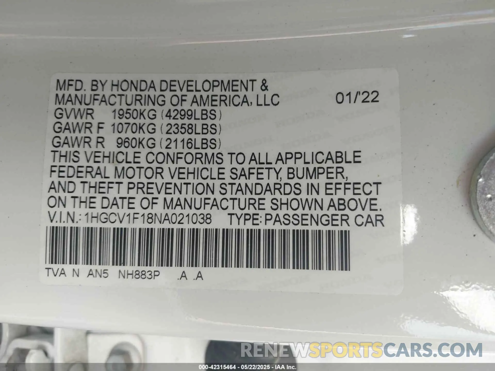 9 fotografías del automóvil dañado 1HGCV1F18NA021038 HONDA ACCORD 2022