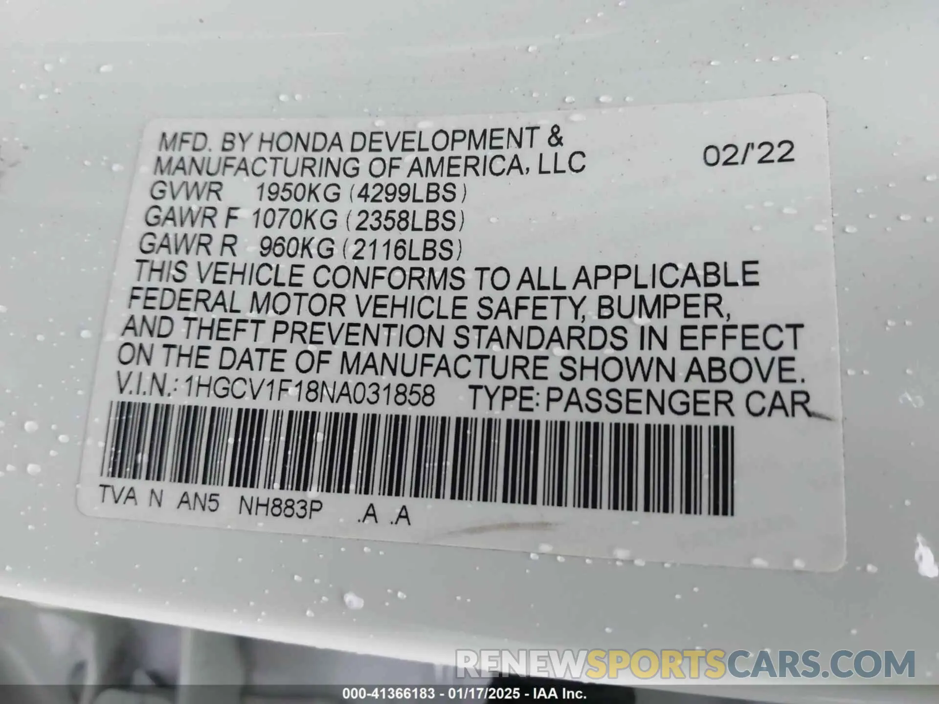 9 fotografías del automóvil dañado 1HGCV1F18NA031858 HONDA ACCORD 2022
