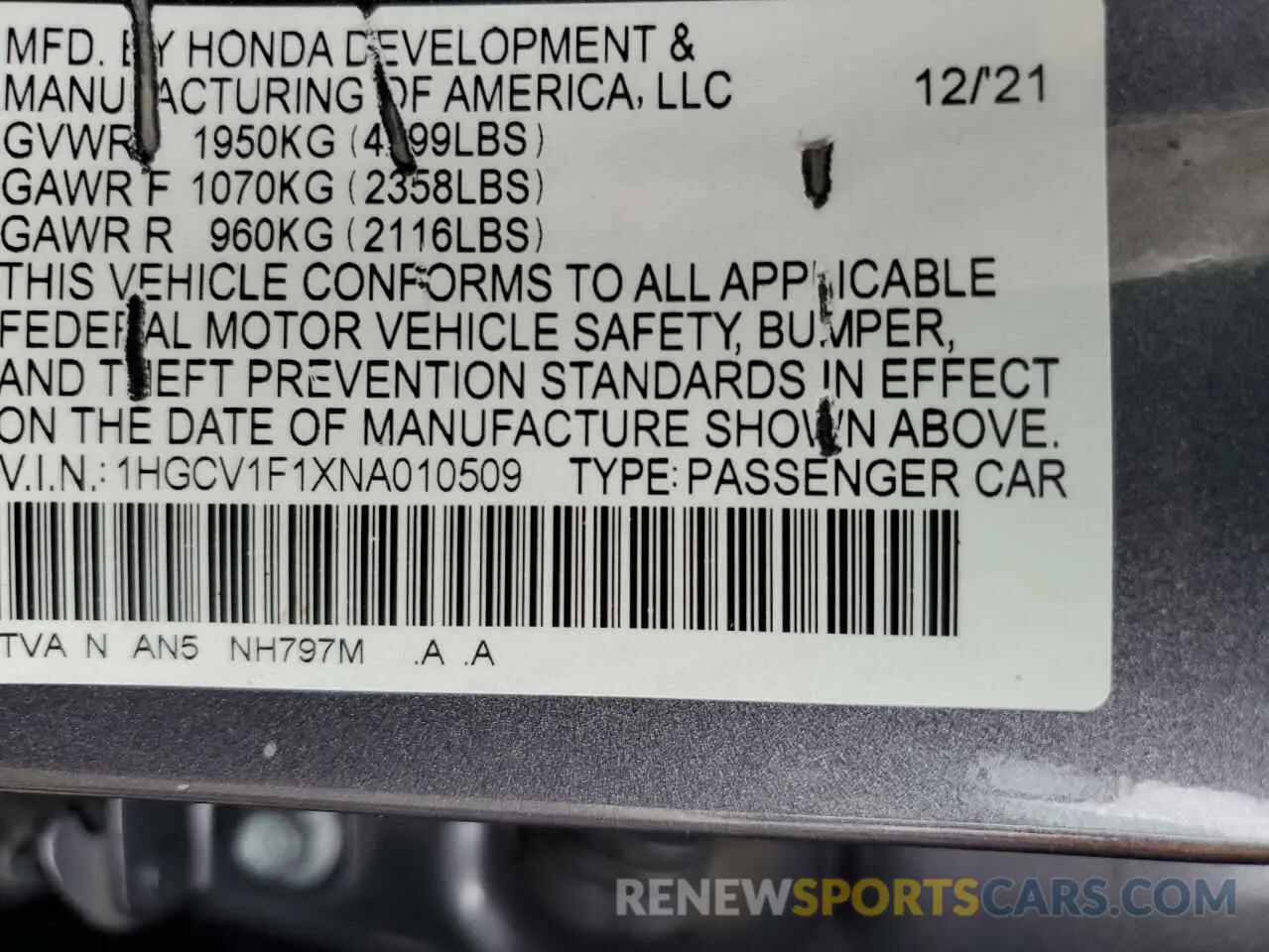 14 fotografías del automóvil dañado 1HGCV1F1XNA010509 HONDA ACCORD 2022