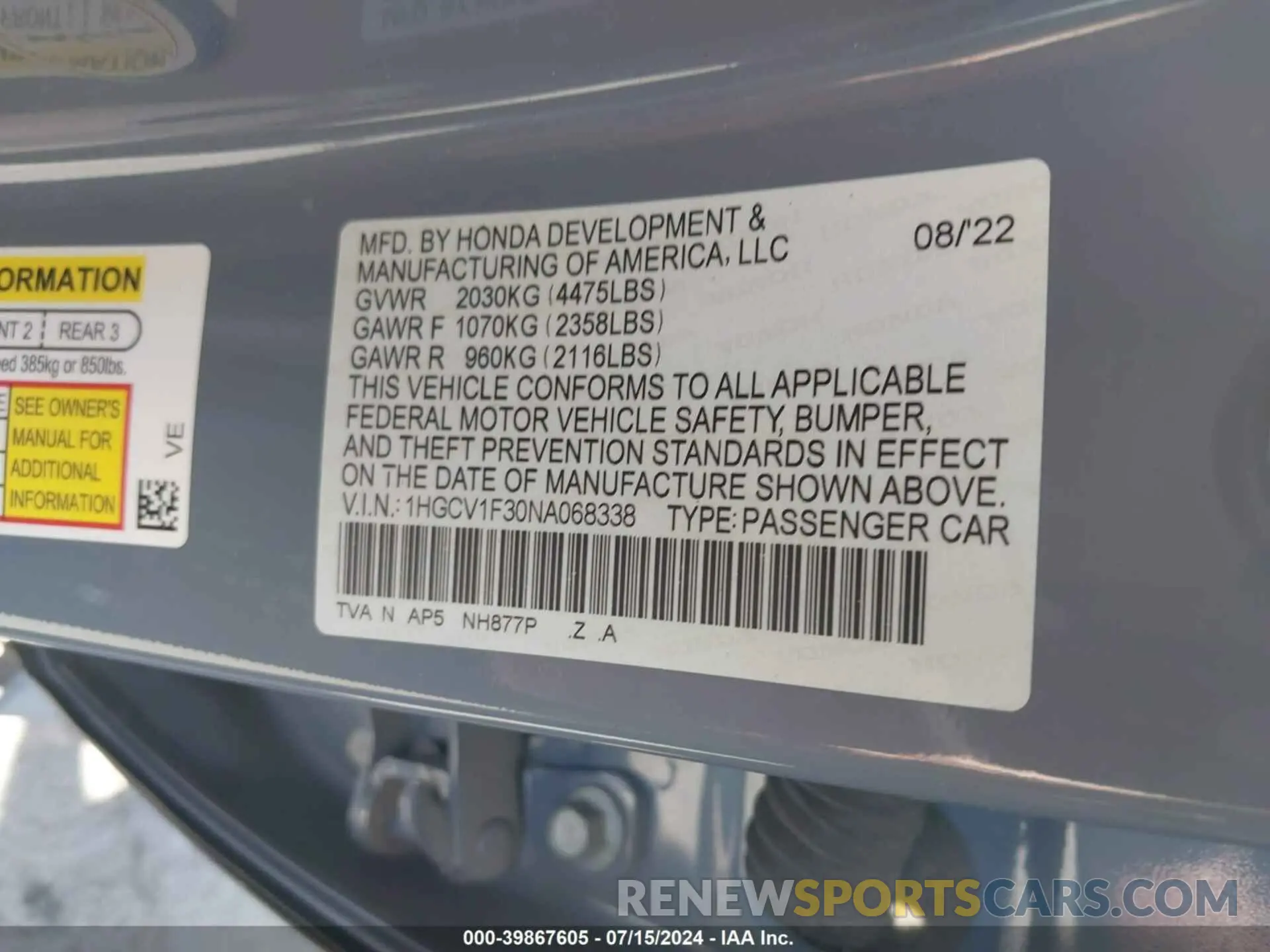 9 fotografías del automóvil dañado 1HGCV1F30NA068338 HONDA ACCORD 2022