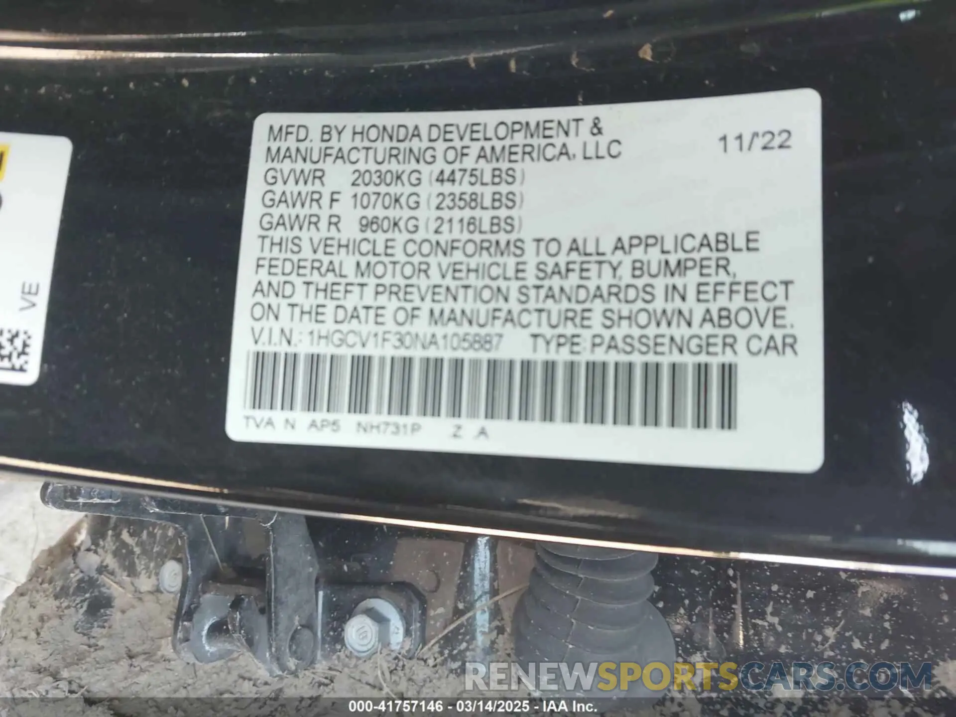 9 fotografías del automóvil dañado 1HGCV1F30NA105887 HONDA ACCORD 2022