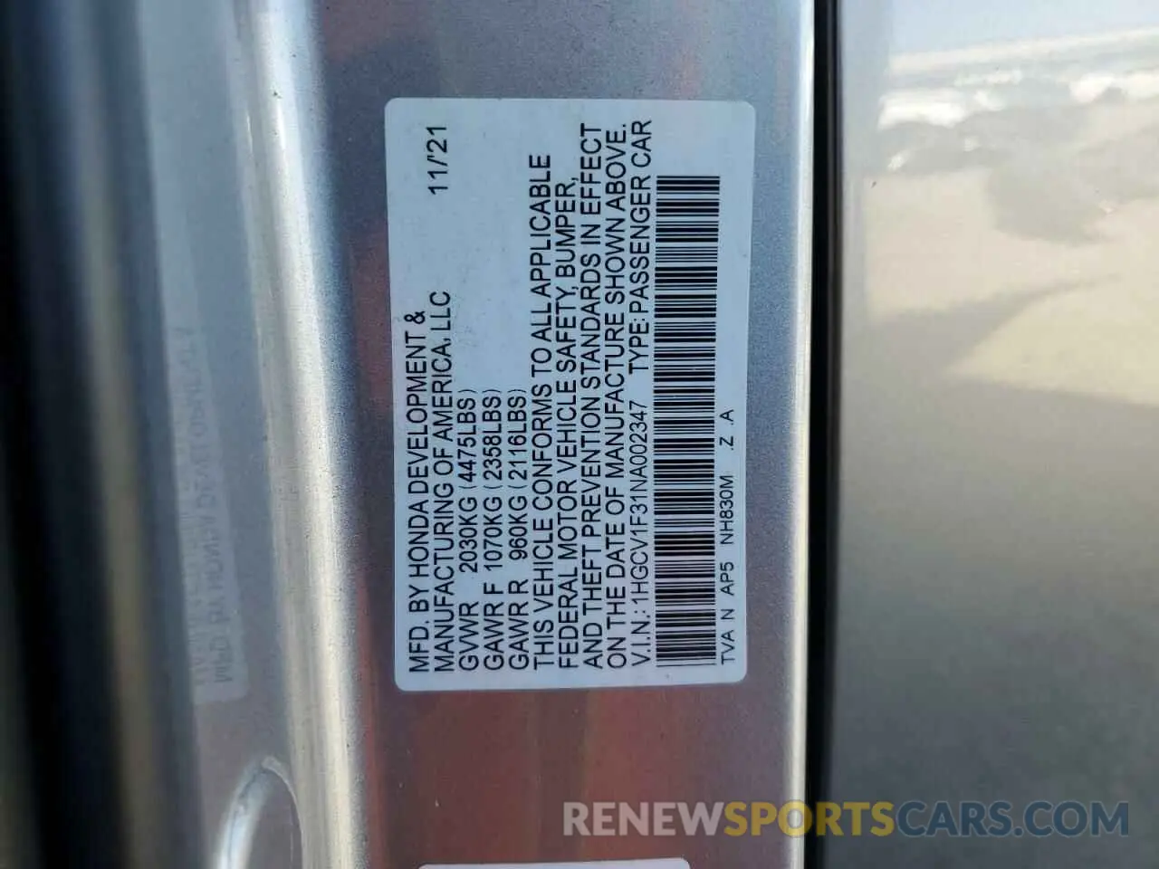 12 fotografías del automóvil dañado 1HGCV1F31NA002347 HONDA ACCORD 2022