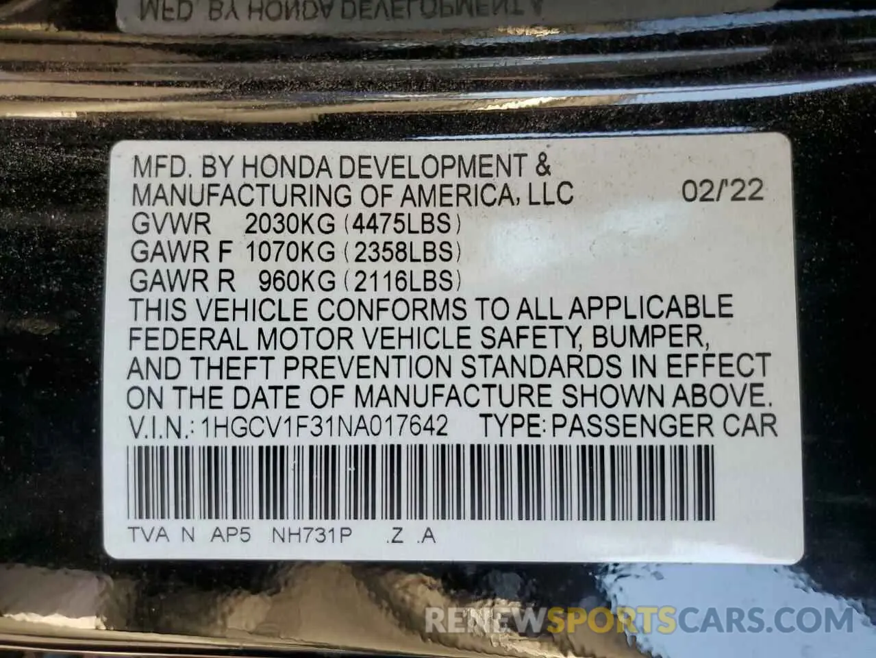 13 fotografías del automóvil dañado 1HGCV1F31NA017642 HONDA ACCORD 2022