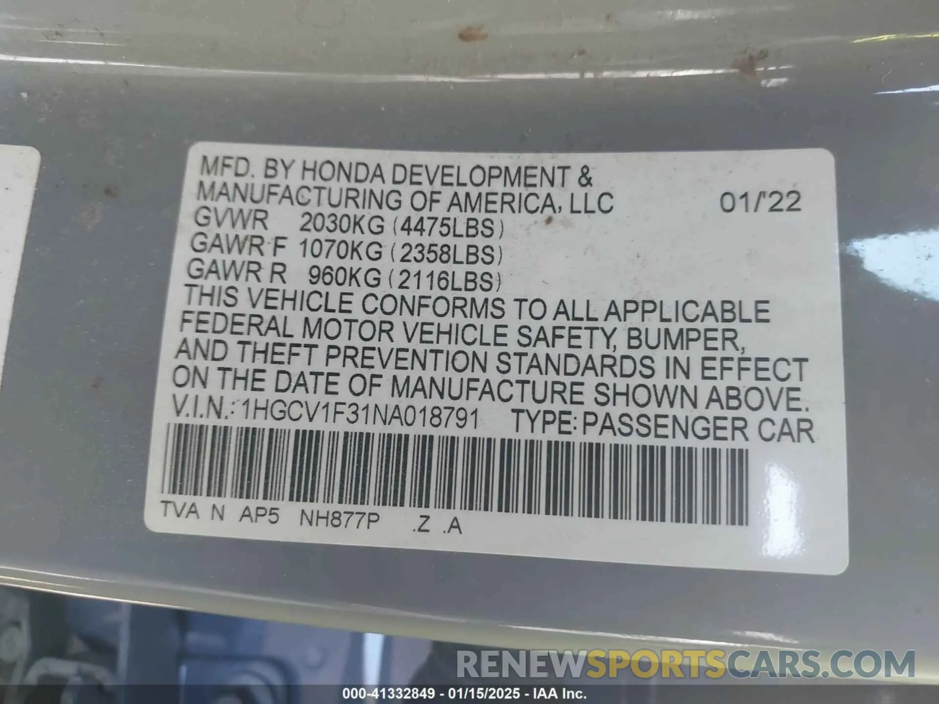 9 fotografías del automóvil dañado 1HGCV1F31NA018791 HONDA ACCORD 2022