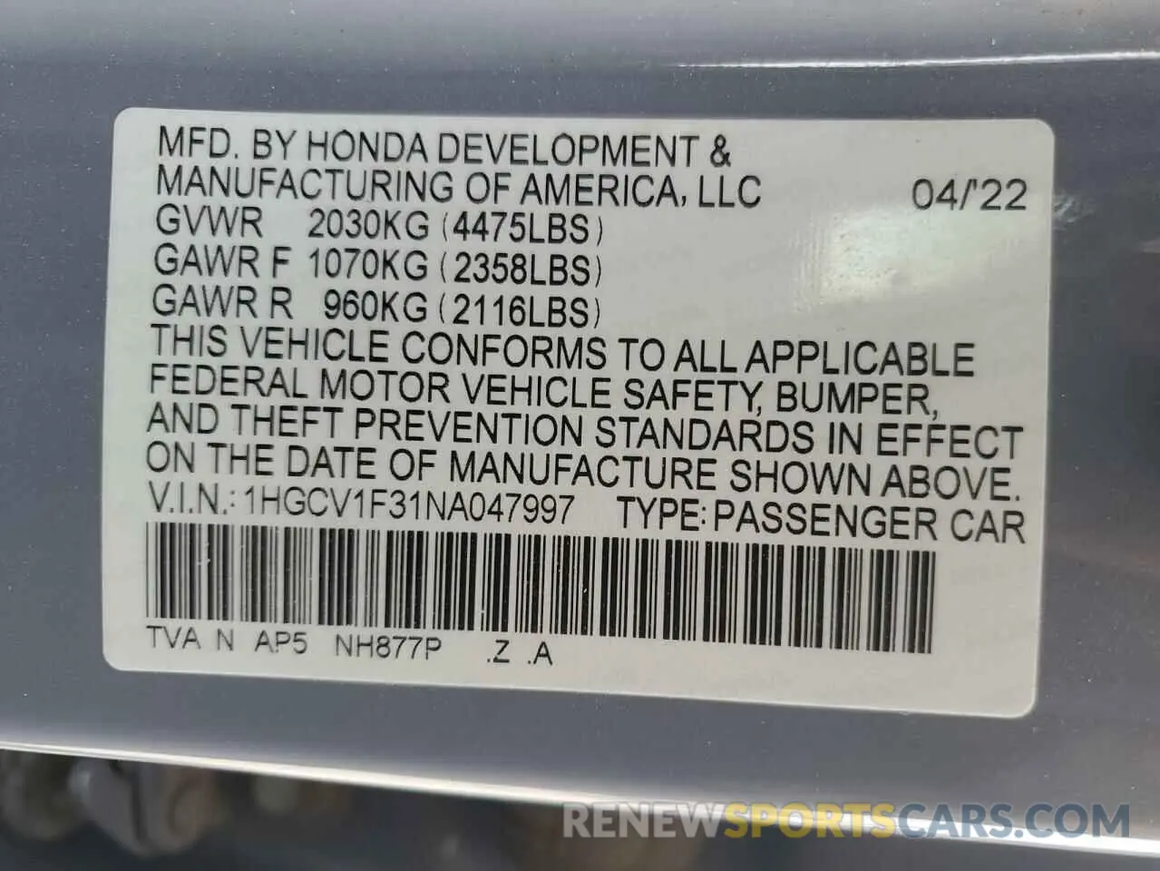 14 fotografías del automóvil dañado 1HGCV1F31NA047997 HONDA ACCORD 2022