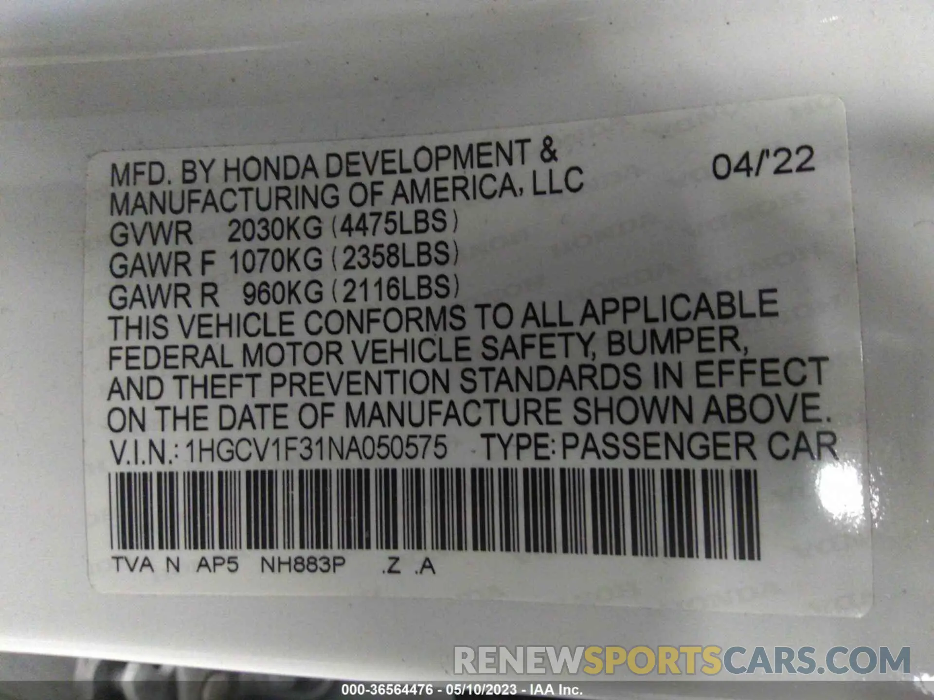 9 fotografías del automóvil dañado 1HGCV1F31NA050575 HONDA ACCORD 2022
