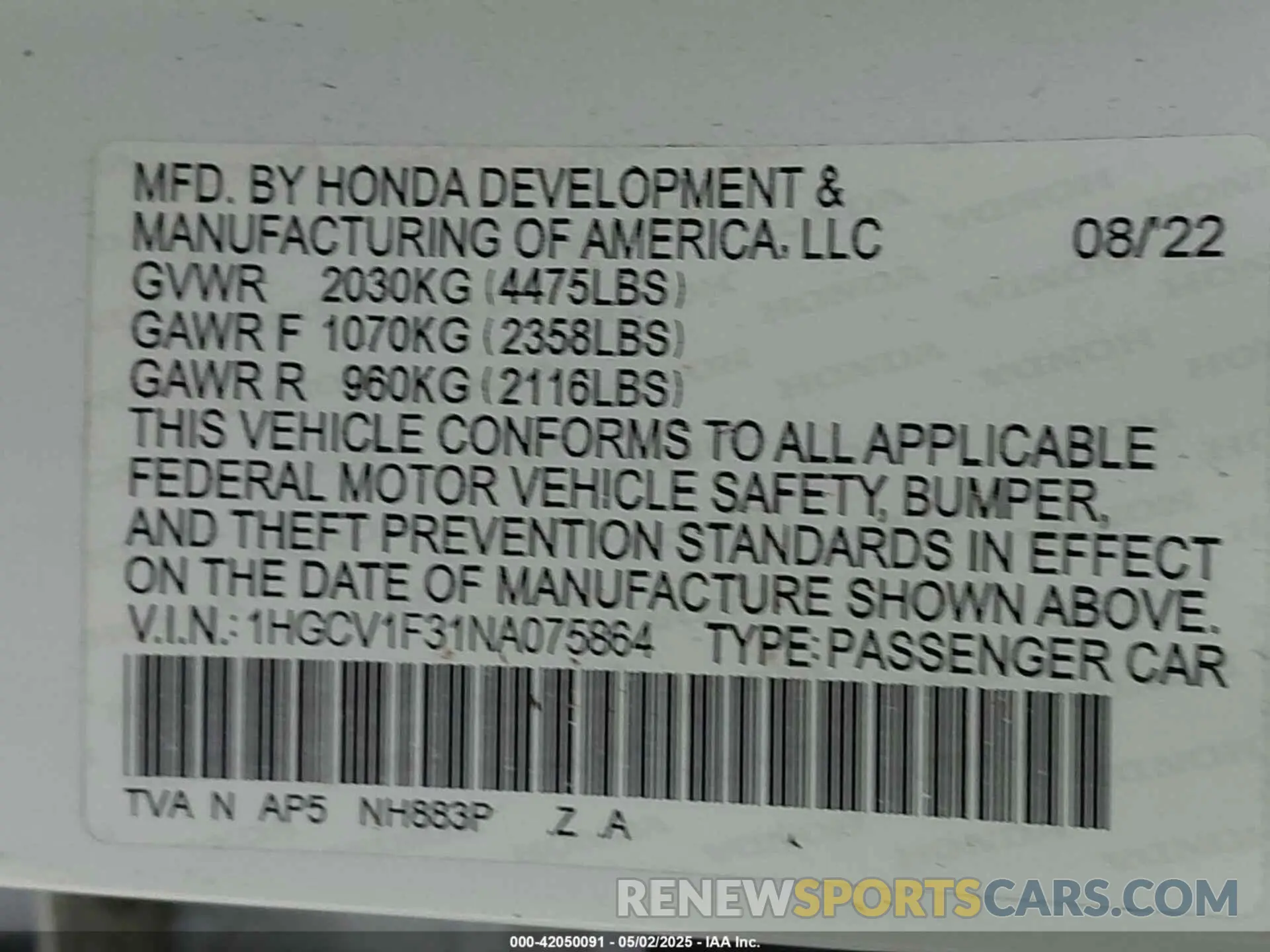 9 fotografías del automóvil dañado 1HGCV1F31NA075864 HONDA ACCORD 2022