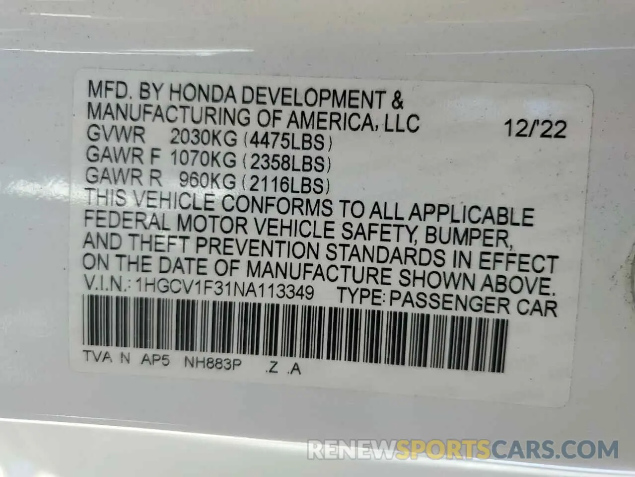 12 fotografías del automóvil dañado 1HGCV1F31NA113349 HONDA ACCORD 2022