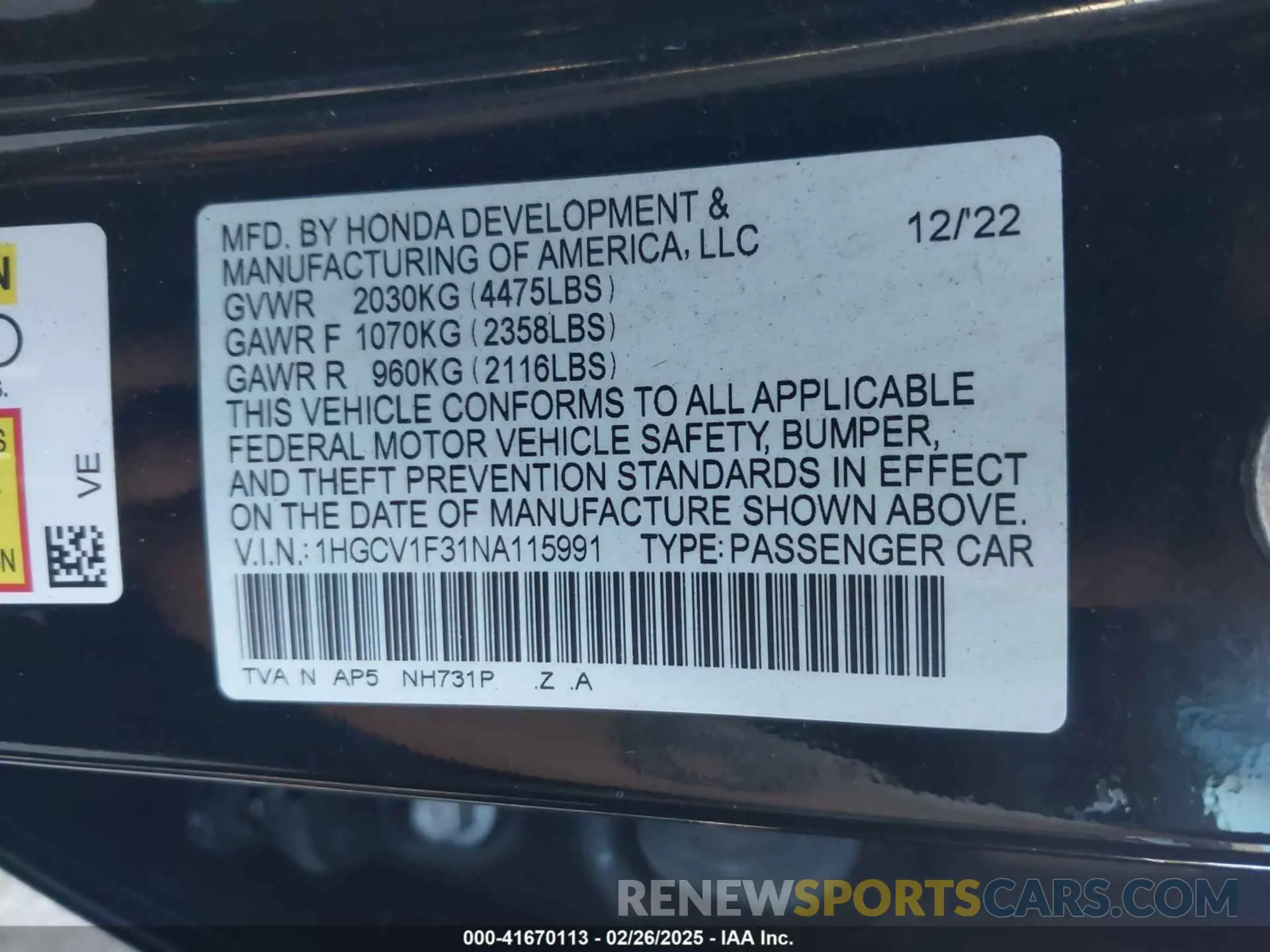 9 fotografías del automóvil dañado 1HGCV1F31NA115991 HONDA ACCORD 2022