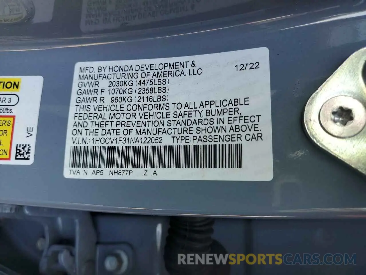 12 fotografías del automóvil dañado 1HGCV1F31NA122052 HONDA ACCORD 2022