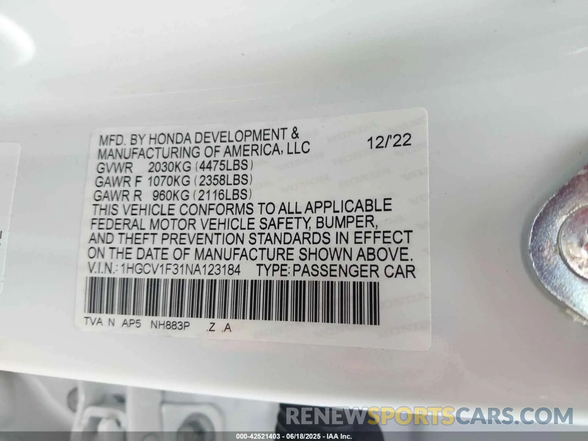 9 fotografías del automóvil dañado 1HGCV1F31NA123184 HONDA ACCORD 2022