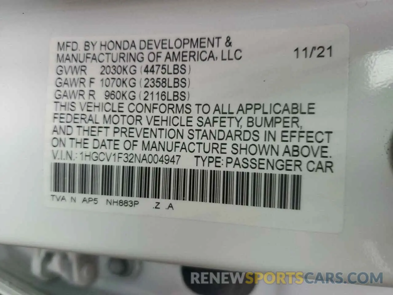 15 fotografías del automóvil dañado 1HGCV1F32NA004947 HONDA ACCORD 2022