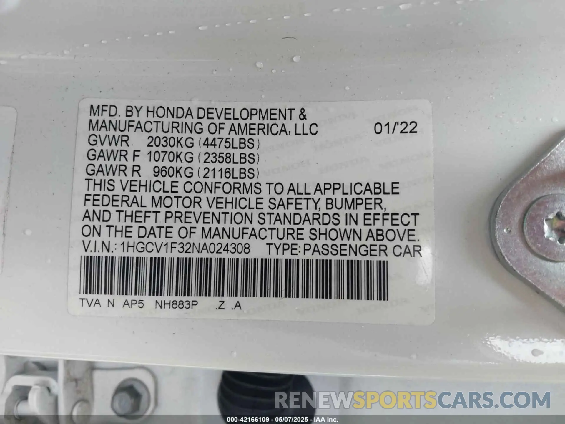 9 fotografías del automóvil dañado 1HGCV1F32NA024308 HONDA ACCORD 2022