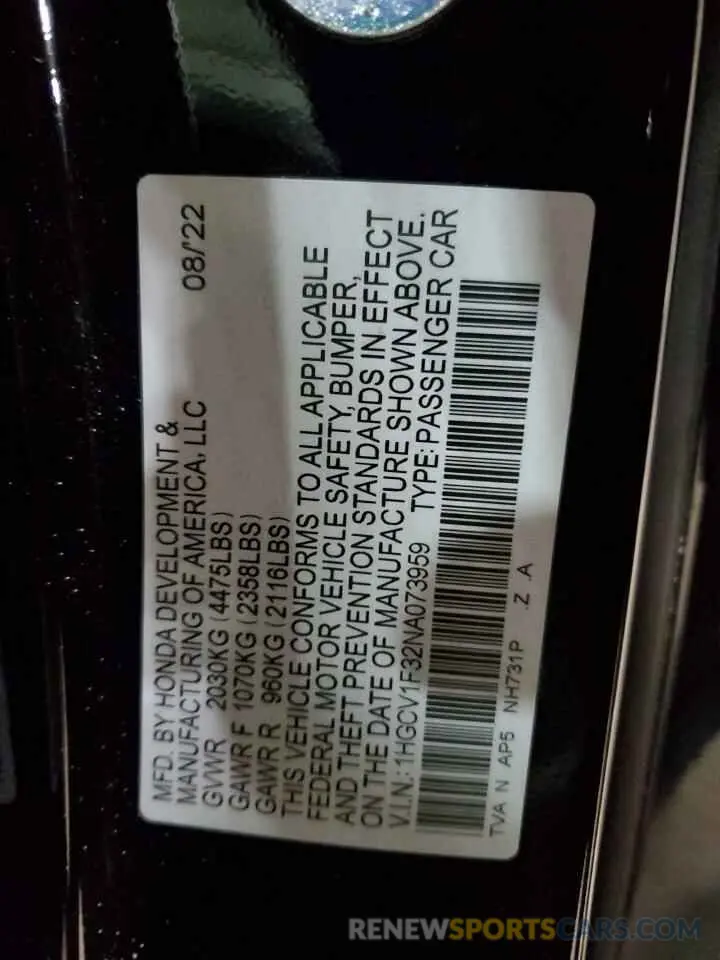 12 fotografías del automóvil dañado 1HGCV1F32NA073959 HONDA ACCORD 2022