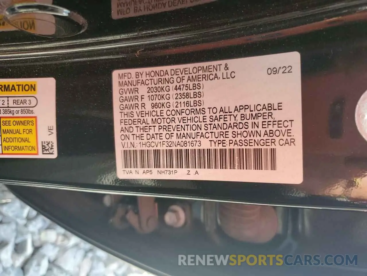 12 fotografías del automóvil dañado 1HGCV1F32NA081673 HONDA ACCORD 2022
