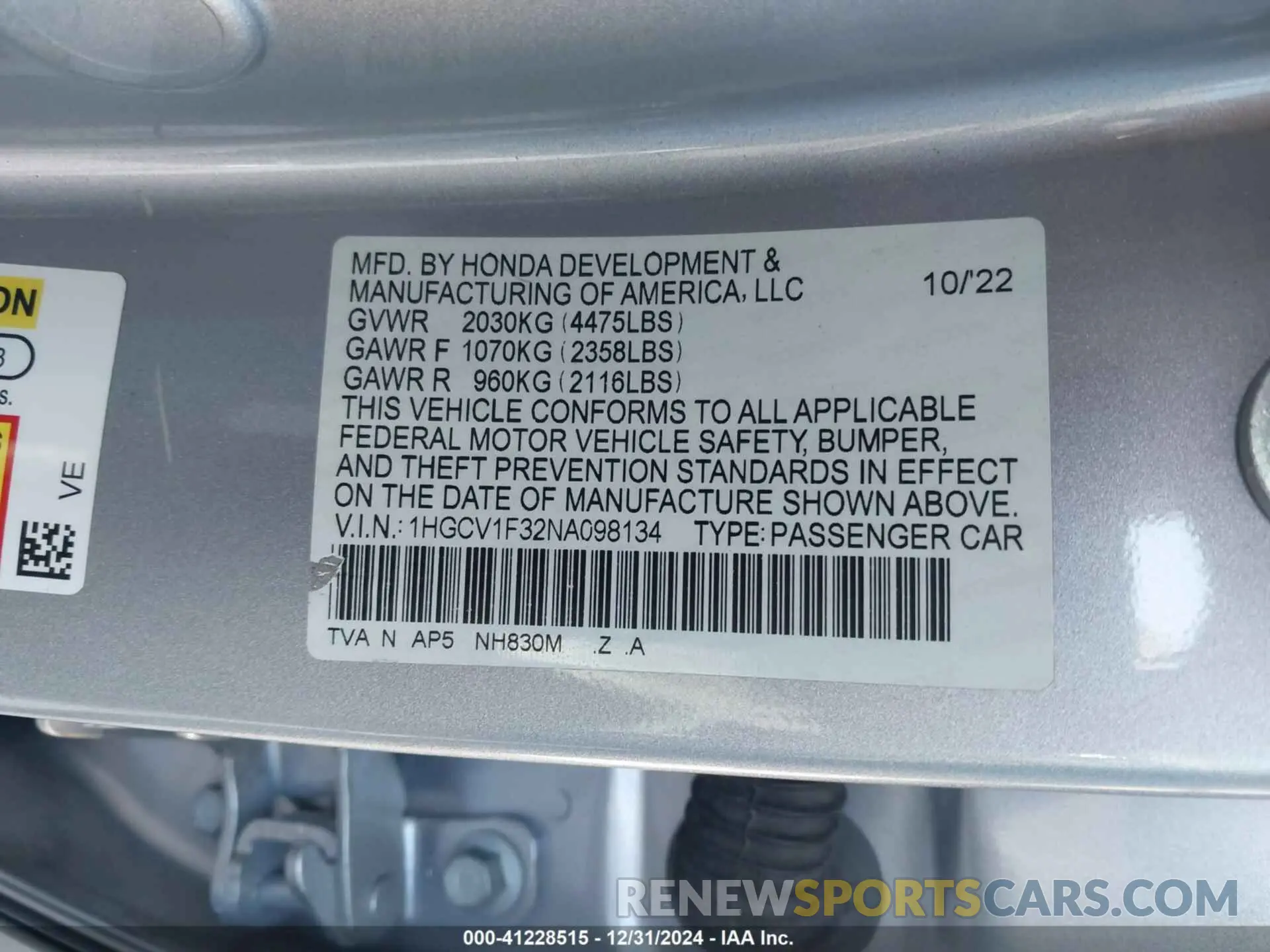 9 fotografías del automóvil dañado 1HGCV1F32NA098134 HONDA ACCORD 2022