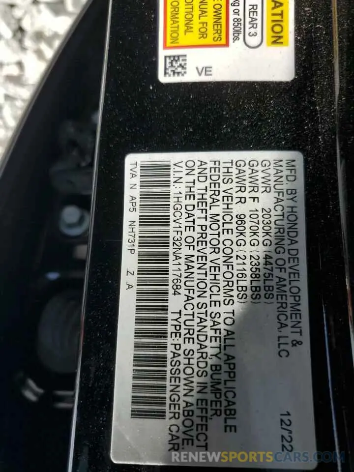 13 fotografías del automóvil dañado 1HGCV1F32NA117684 HONDA ACCORD 2022