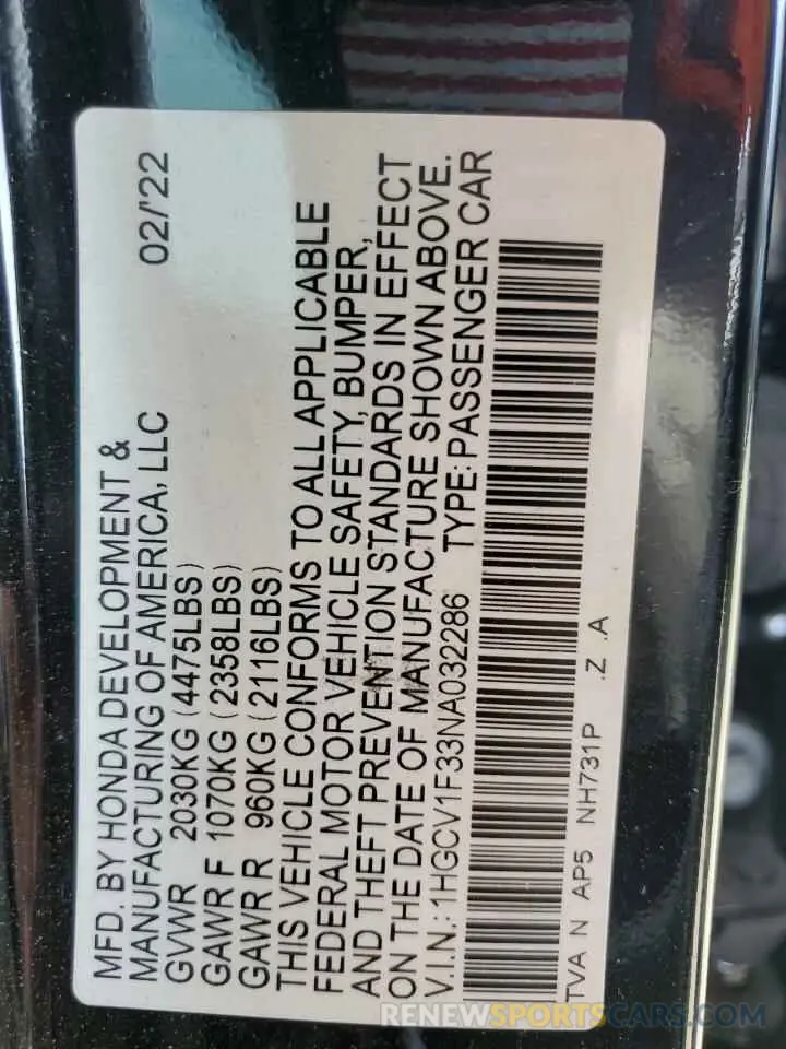 12 fotografías del automóvil dañado 1HGCV1F33NA032286 HONDA ACCORD 2022