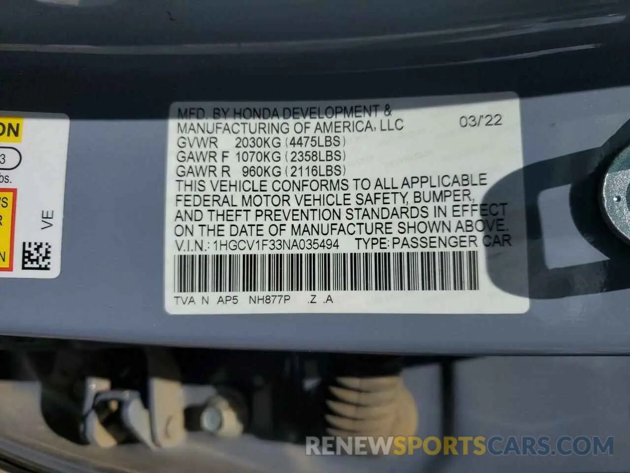 12 fotografías del automóvil dañado 1HGCV1F33NA035494 HONDA ACCORD 2022