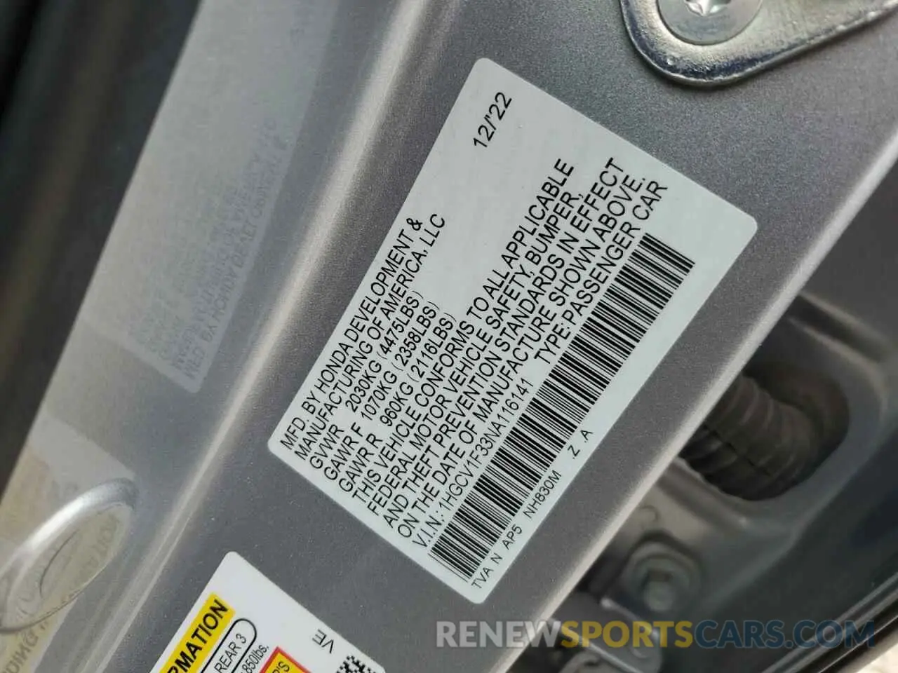 12 fotografías del automóvil dañado 1HGCV1F33NA116141 HONDA ACCORD 2022
