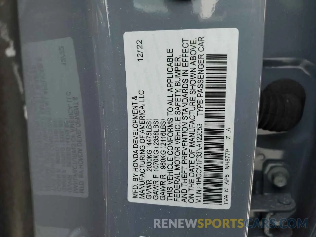 12 fotografías del automóvil dañado 1HGCV1F33NA122053 HONDA ACCORD 2022
