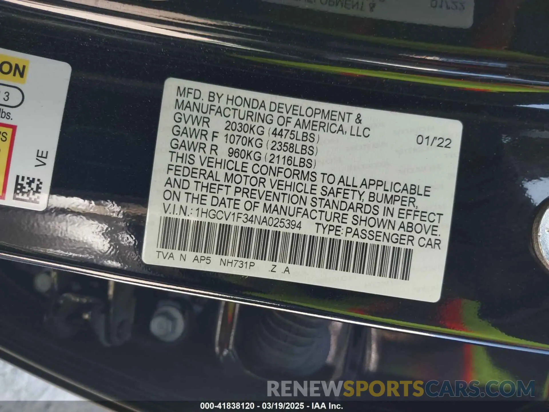 9 fotografías del automóvil dañado 1HGCV1F34NA025394 HONDA ACCORD 2022