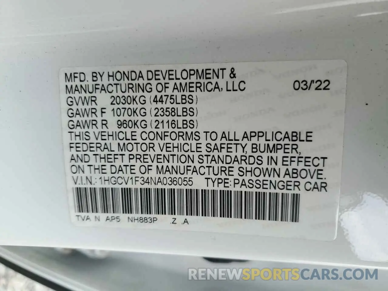 12 fotografías del automóvil dañado 1HGCV1F34NA036055 HONDA ACCORD 2022