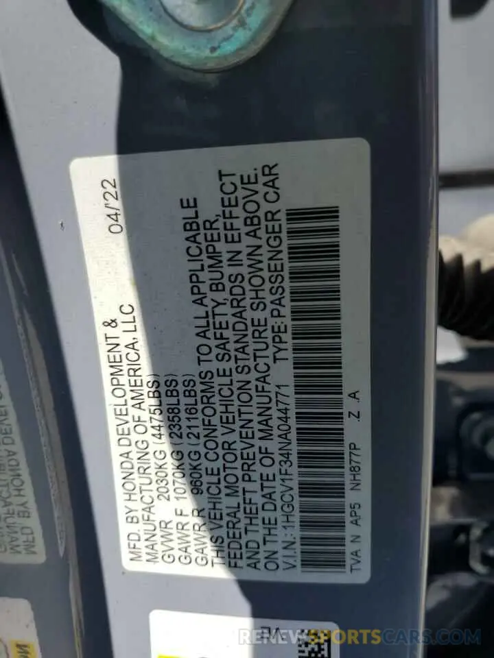 13 fotografías del automóvil dañado 1HGCV1F34NA044771 HONDA ACCORD 2022