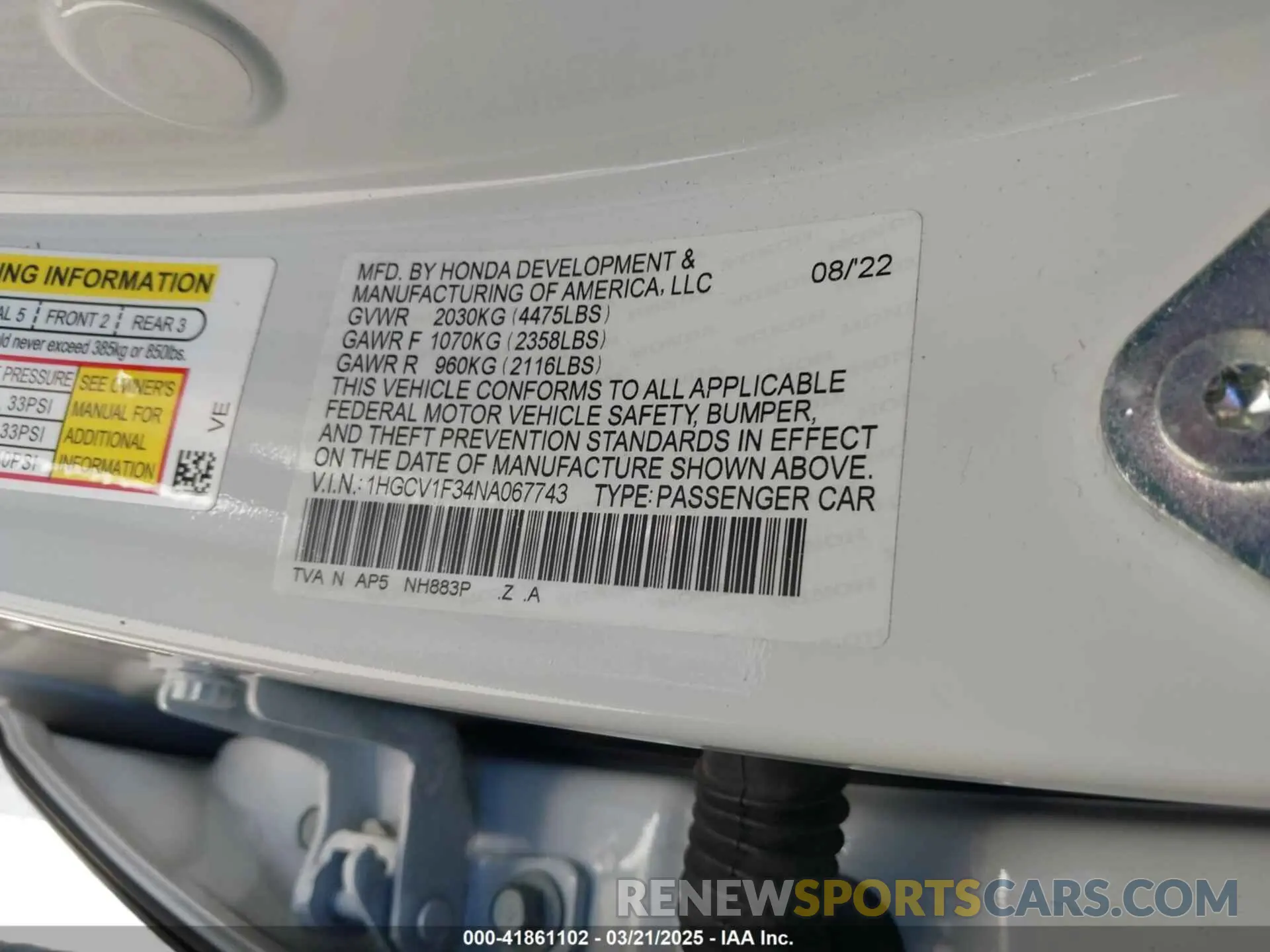 9 fotografías del automóvil dañado 1HGCV1F34NA067743 HONDA ACCORD 2022