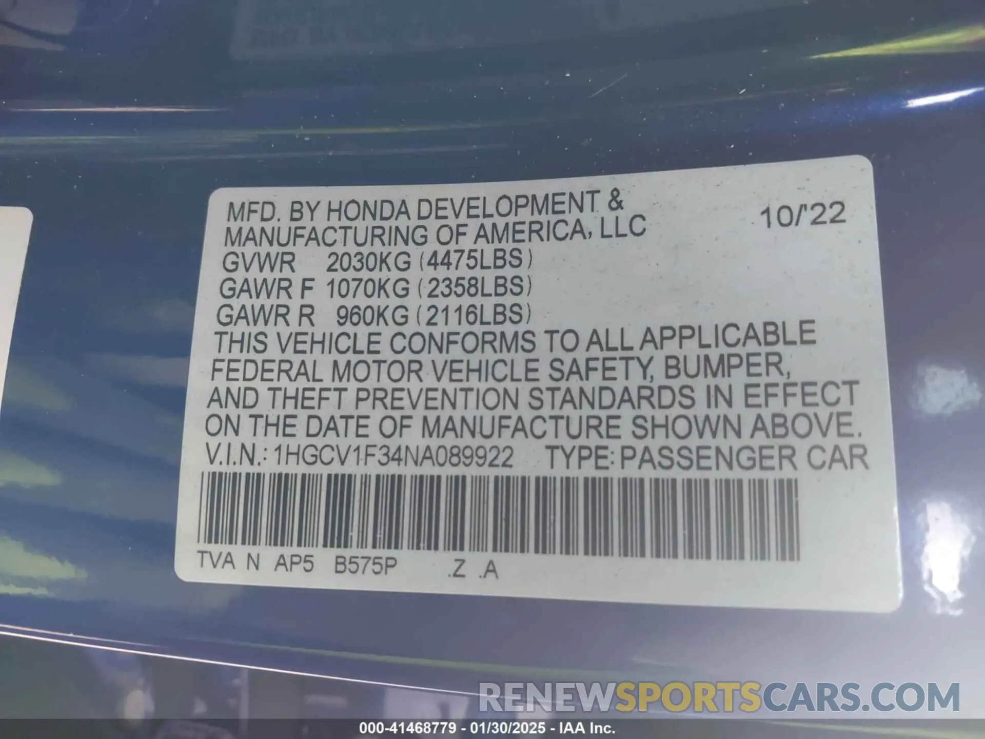9 fotografías del automóvil dañado 1HGCV1F34NA089922 HONDA ACCORD 2022