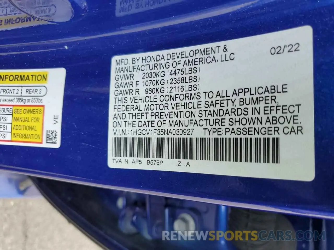 14 fotografías del automóvil dañado 1HGCV1F35NA030927 HONDA ACCORD 2022