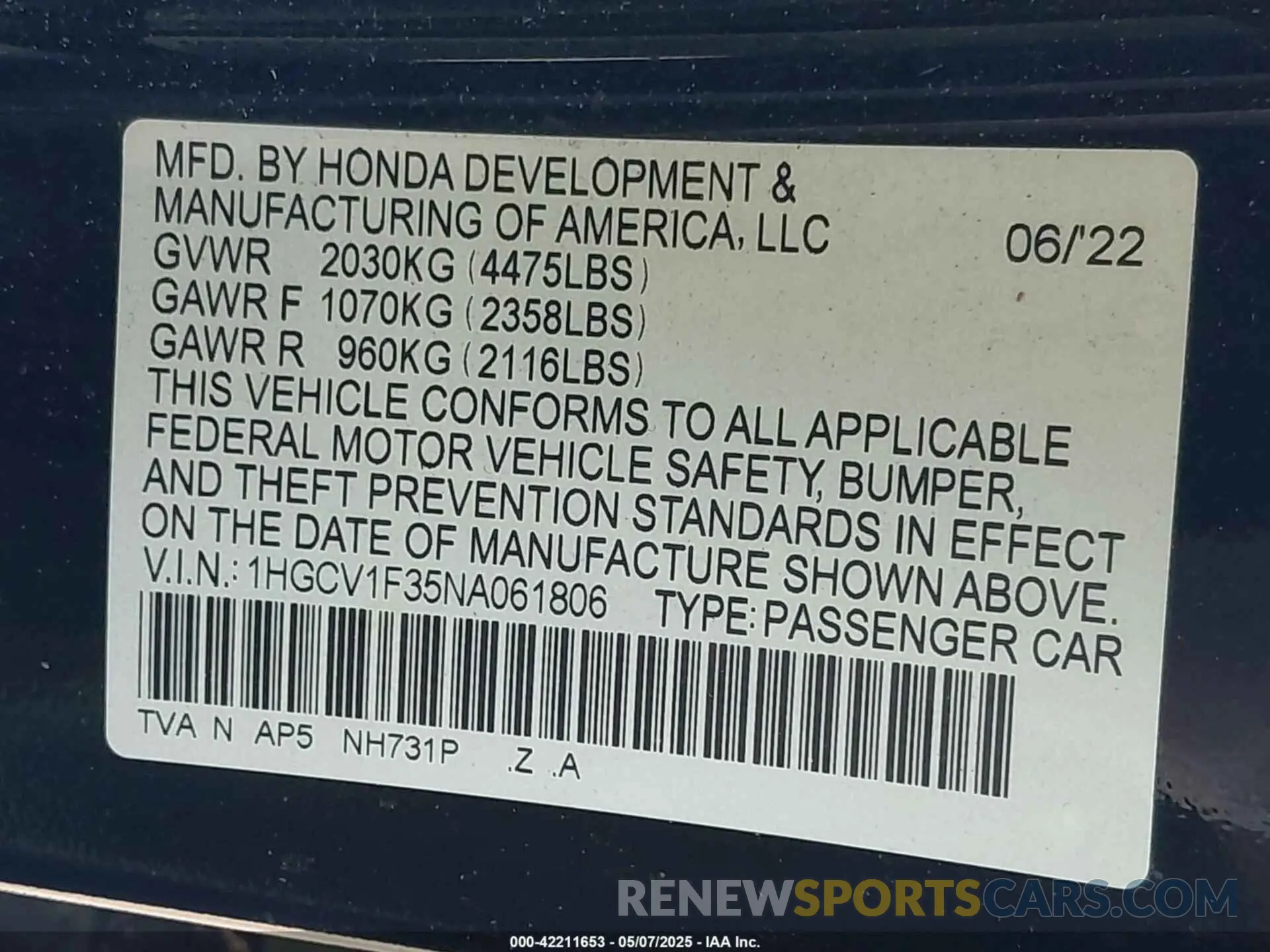 9 fotografías del automóvil dañado 1HGCV1F35NA061806 HONDA ACCORD 2022