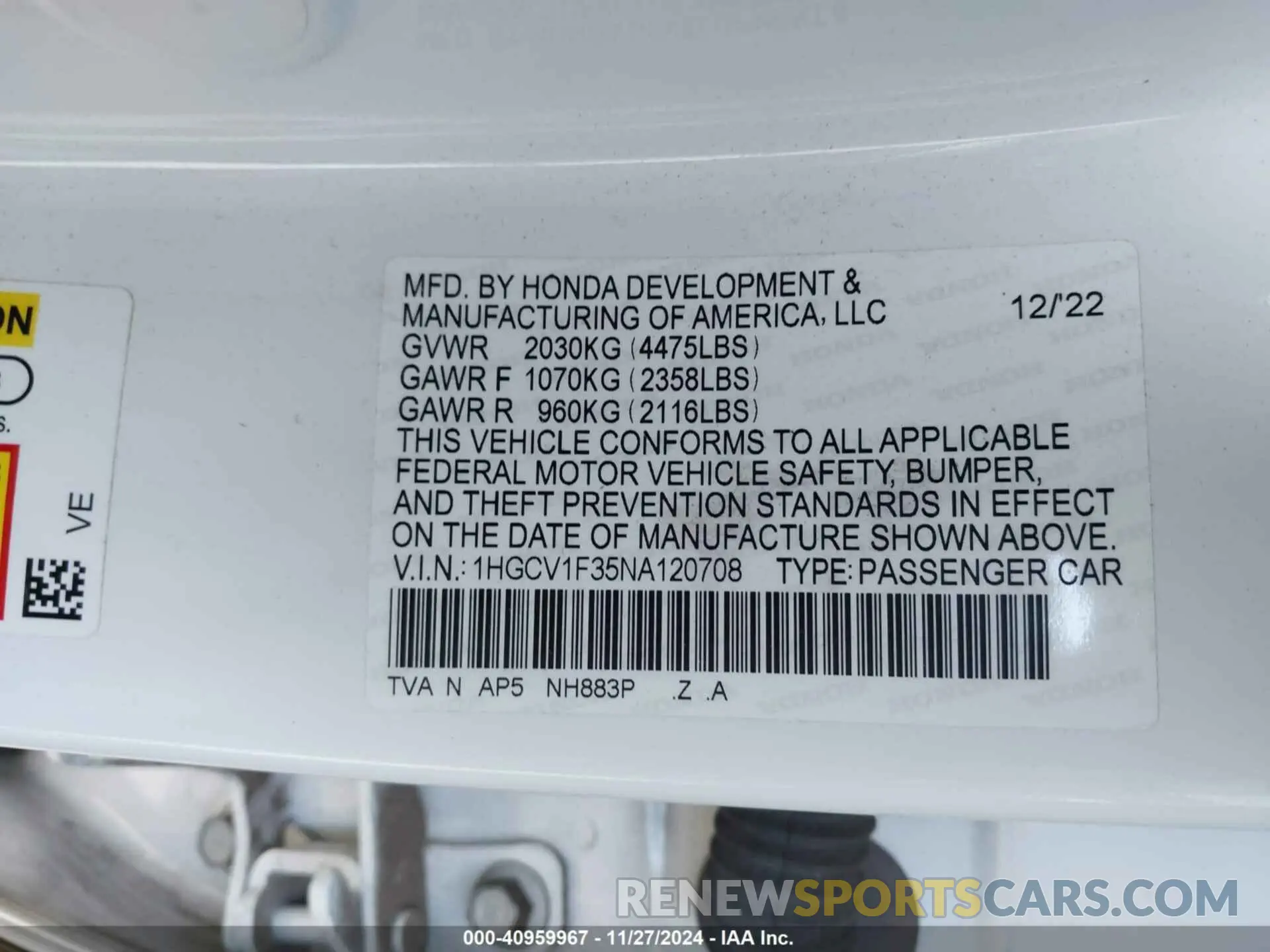 9 fotografías del automóvil dañado 1HGCV1F35NA120708 HONDA ACCORD 2022