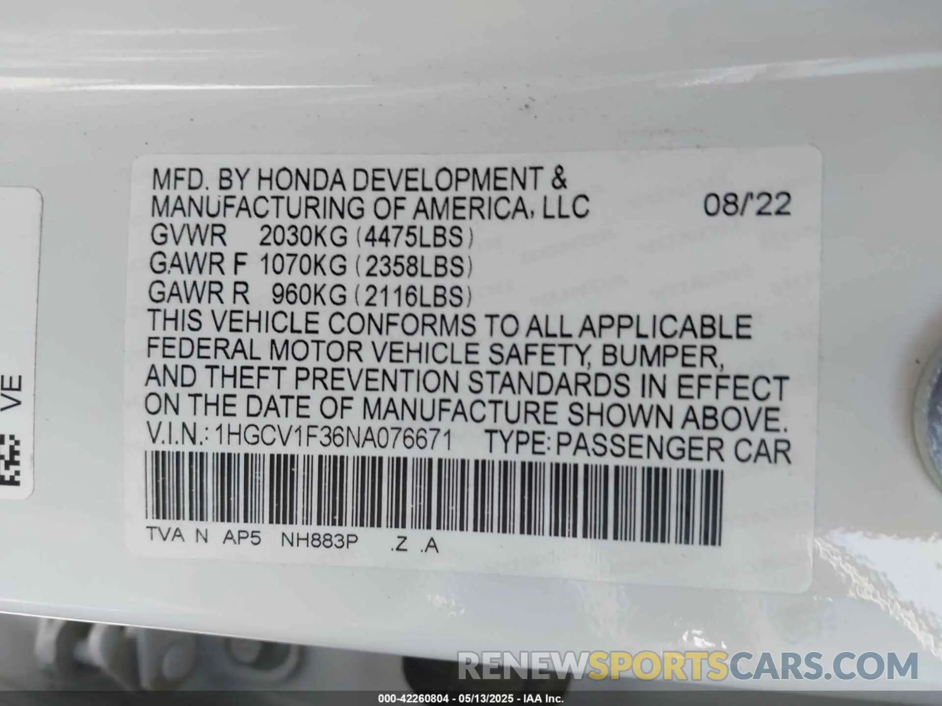 9 fotografías del automóvil dañado 1HGCV1F36NA076671 HONDA ACCORD 2022
