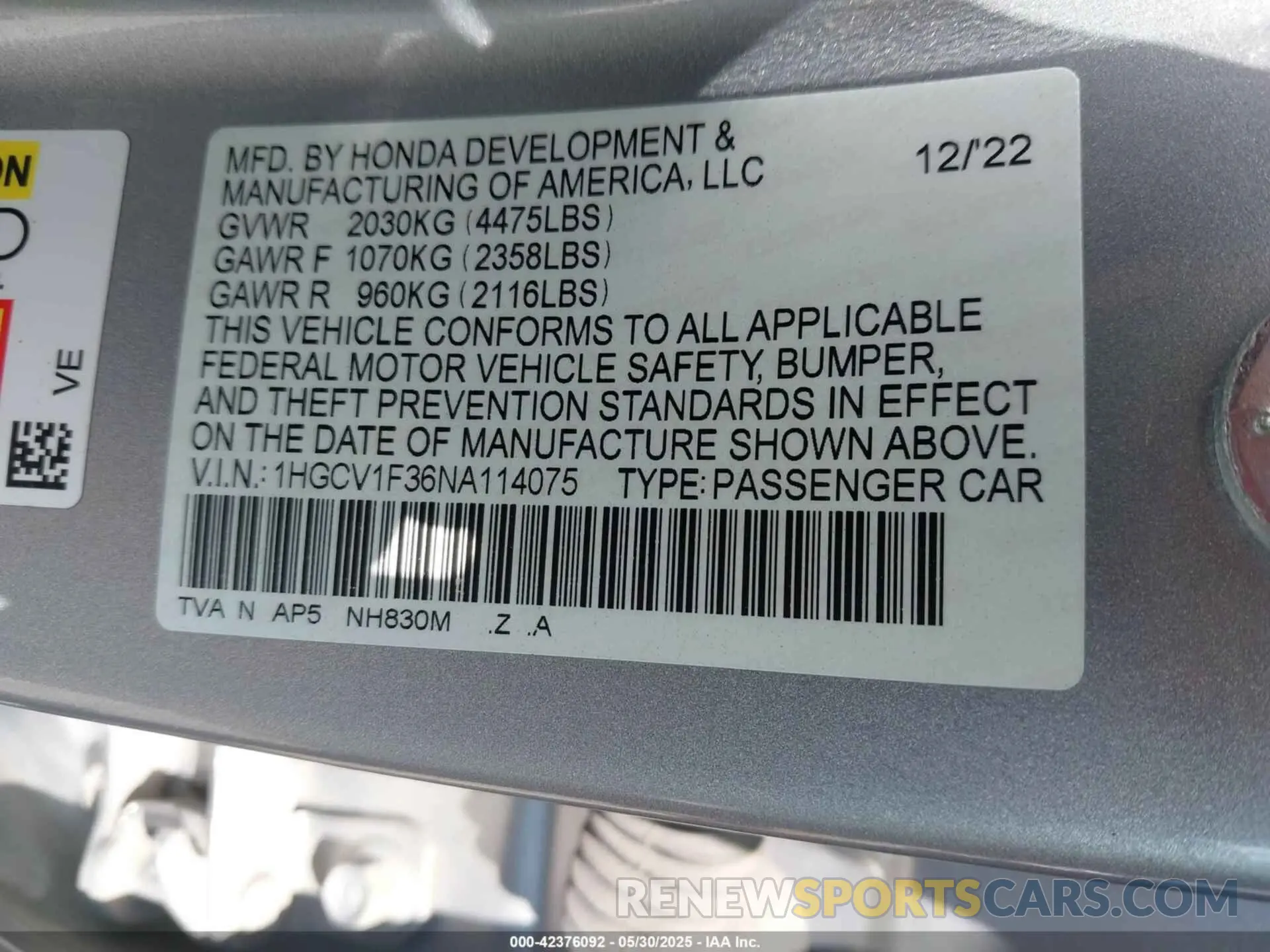 9 fotografías del automóvil dañado 1HGCV1F36NA114075 HONDA ACCORD 2022