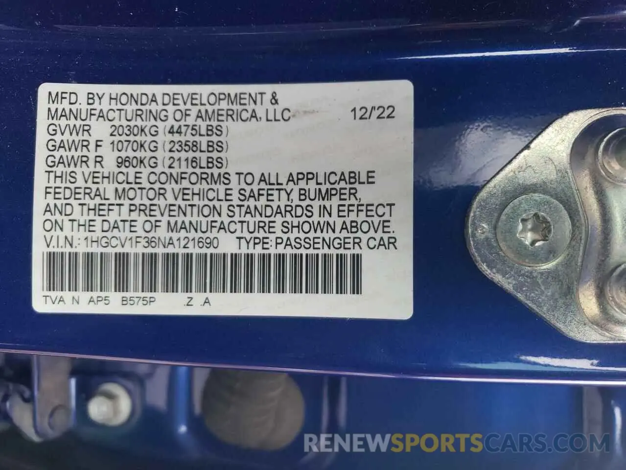 12 fotografías del automóvil dañado 1HGCV1F36NA121690 HONDA ACCORD 2022