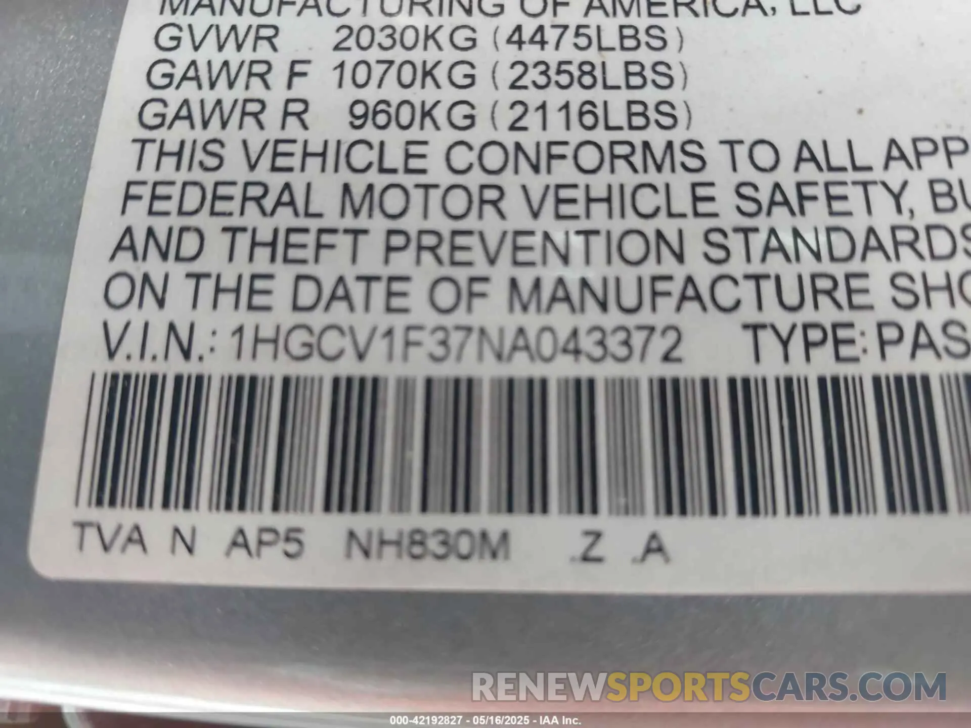9 fotografías del automóvil dañado 1HGCV1F37NA043372 HONDA ACCORD 2022